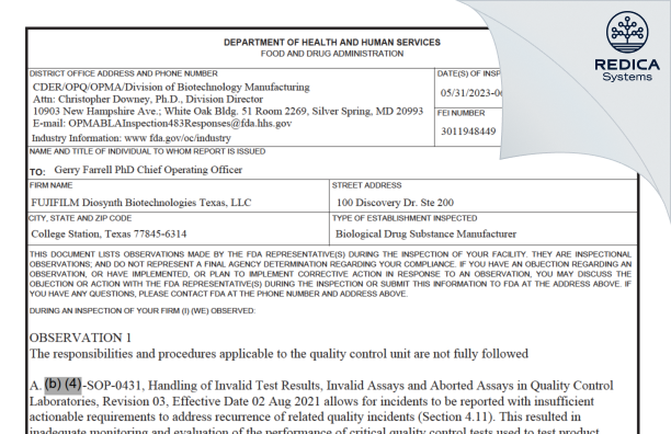 FDA 483 - FUJIFILM Diosynth Biotechnologies Texas, LLC [College Station / United States of America] - Download PDF - Redica Systems