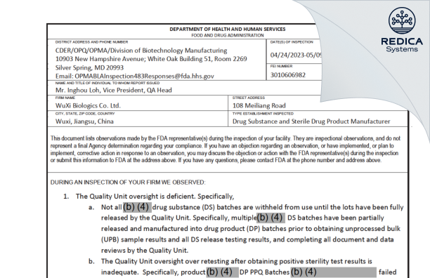 FDA 483 - WuXi Biologics Co., Ltd. [China / China] - Download PDF - Redica Systems