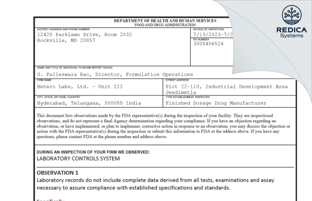 FDA 483 - Hetero Labs Limited [India / India] - Download PDF - Redica Systems