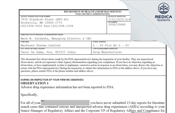 FDA 483 - MARKSANS PHARMA LIMITED [Verna / India] - Download PDF - Redica Systems