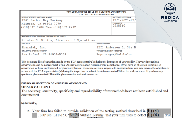 FDA 483 - PharmPak, Inc. [California / United States of America] - Download PDF - Redica Systems