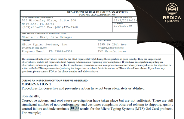 FDA 483 - Micro Typing Systems, Inc. [Pompano Beach / United States of America] - Download PDF - Redica Systems