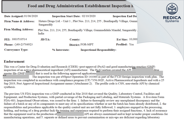 EIR - Hetero Drugs Limited [India / India] - Download PDF - Redica Systems