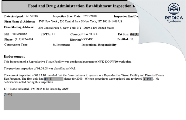 EIR - IVF New York [New York / United States of America] - Download PDF - Redica Systems