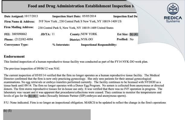 EIR - IVF New York [New York / United States of America] - Download PDF - Redica Systems