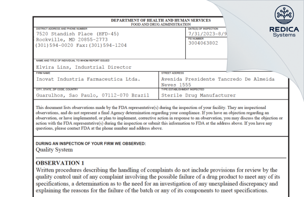 FDA 483 - INOVAT Industria Farmaceutica LTDA. [Brazil / Brazil] - Download PDF - Redica Systems