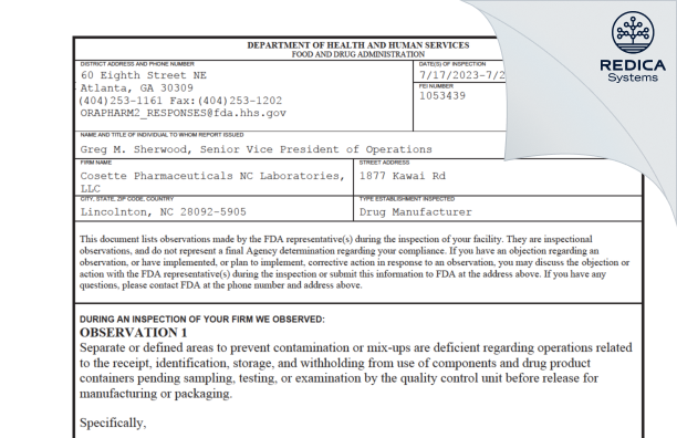FDA 483 - Cosette Pharmaceuticals NC Laboratories, LLC [Lincolnton / United States of America] - Download PDF - Redica Systems