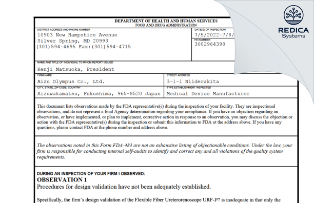 FDA 483 - Aizu Olympus Co., Ltd. [Aizuwakamatsu / Japan] - Download PDF - Redica Systems