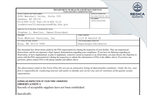 FDA 483 - Tech Medical Services, Inc [Nixa / United States of America] - Download PDF - Redica Systems