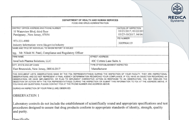FDA 483 - InvaTech Pharma Solutions LLC [Jersey / United States of America] - Download PDF - Redica Systems