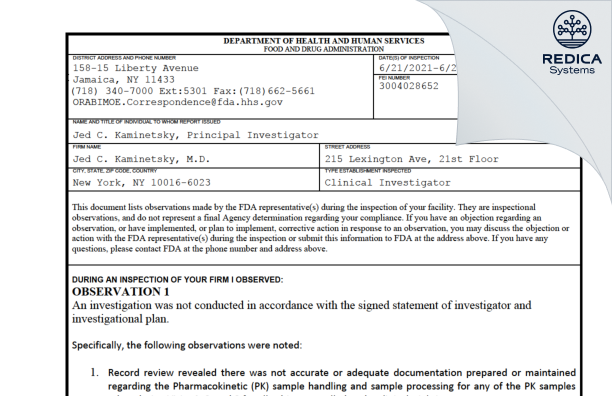 FDA 483 - Jed C. Kaminetsky, M.D. [New York / United States of America] - Download PDF - Redica Systems