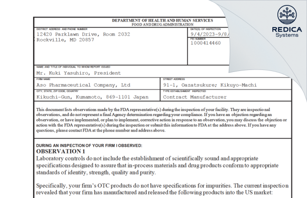 FDA 483 - ASO Pharmaceutical Co.,ltd. [Kumamoto / Japan] - Download PDF - Redica Systems