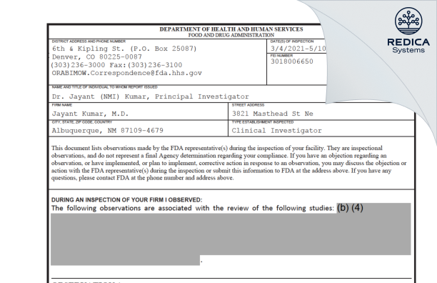 FDA 483 - Jayant Kumar, M.D. [Albuquerque / United States of America] - Download PDF - Redica Systems