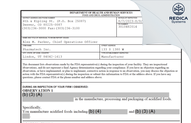 FDA 483 - Pharmatech Inc. [Lindon / United States of America] - Download PDF - Redica Systems