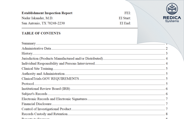 EIR - Nader Iskander, M.D. [San Antonio / United States of America] - Download PDF - Redica Systems