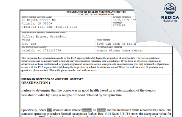 FDA 483 - HRF, Inc [Raleigh / United States of America] - Download PDF - Redica Systems