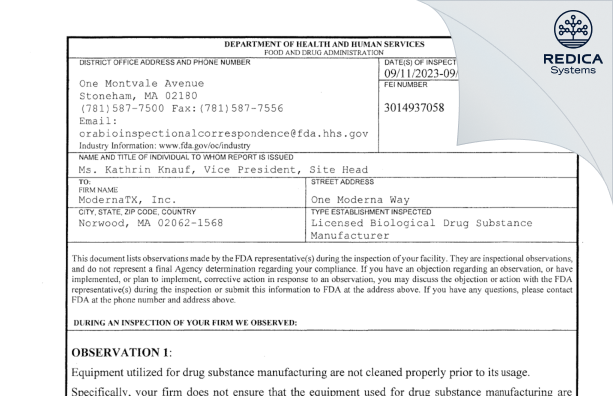 FDA 483 - ModernaTX, Inc. [Norwood / United States of America] - Download PDF - Redica Systems
