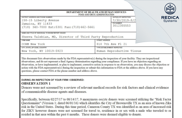 FDA 483 - CCRM New York [New York / United States of America] - Download PDF - Redica Systems
