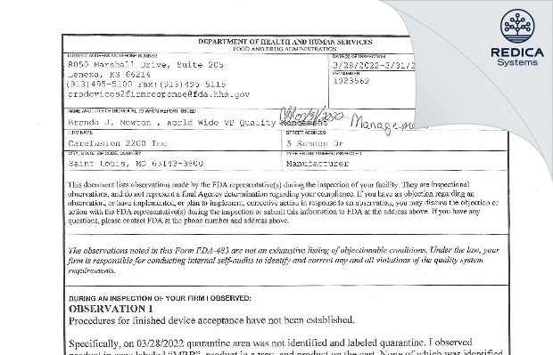 FDA 483 - Carefusion 2200 Inc [Saint Louis / United States of America] - Download PDF - Redica Systems