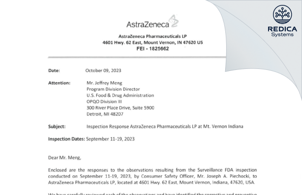 FDA 483 Response - AstraZeneca Pharmaceuticals LP [Mount Vernon / United States of America] - Download PDF - Redica Systems