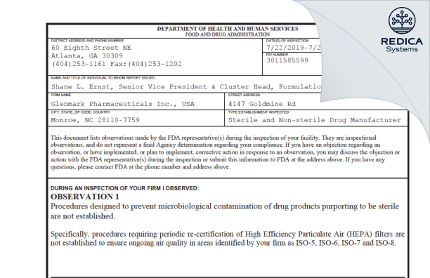 FDA 483 - Glenmark Pharmaceuticals Inc., USA [Monroe North Carolina / United States of America] - Download PDF - Redica Systems