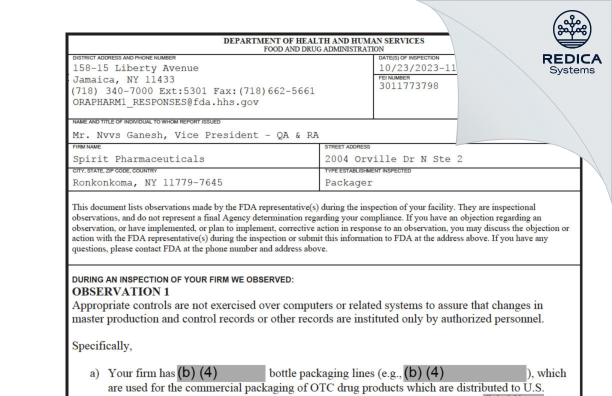FDA 483 - Spirit Pharmaceuticals LLC [New York / United States of America] - Download PDF - Redica Systems