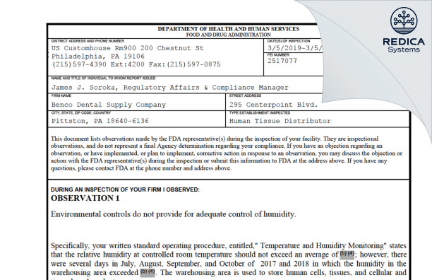 FDA 483 - Benco Dental Supply Company [Pittston / United States of America] - Download PDF - Redica Systems