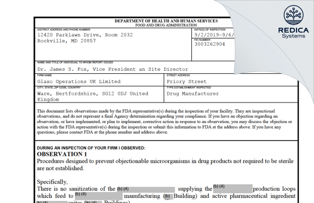 FDA 483 - Glaxo Operations UK Ltd [Ware / United Kingdom of Great Britain and Northern Ireland] - Download PDF - Redica Systems