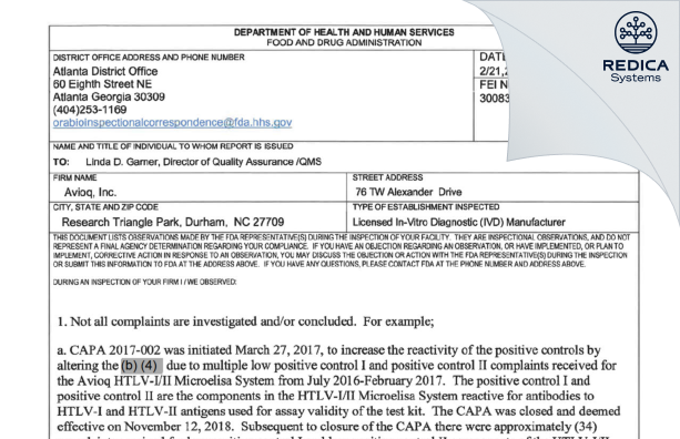 FDA 483 - Avioq, Inc. [Durham / United States of America] - Download PDF - Redica Systems