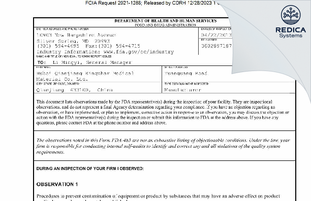 FDA 483 - Hubei Qianjiang Kingphar Medical Material Co. Ltd. [Qianjiang / China] - Download PDF - Redica Systems