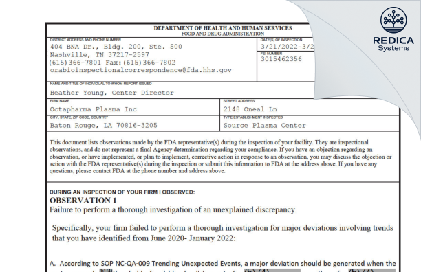 FDA 483 - Octapharma Plasma Inc [Baton Rouge / United States of America] - Download PDF - Redica Systems