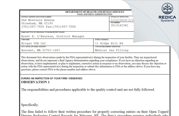 FDA 483 - Airgas Usa, LLC [Assonet Massachusetts / United States of America] - Download PDF - Redica Systems