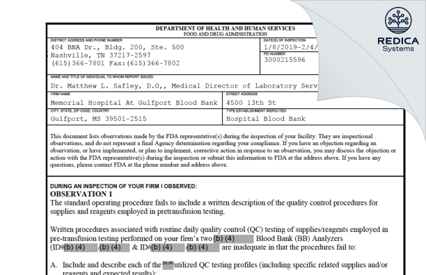 FDA 483 - Memorial Hospital - Gulfport [Gulfport / United States of America] - Download PDF - Redica Systems