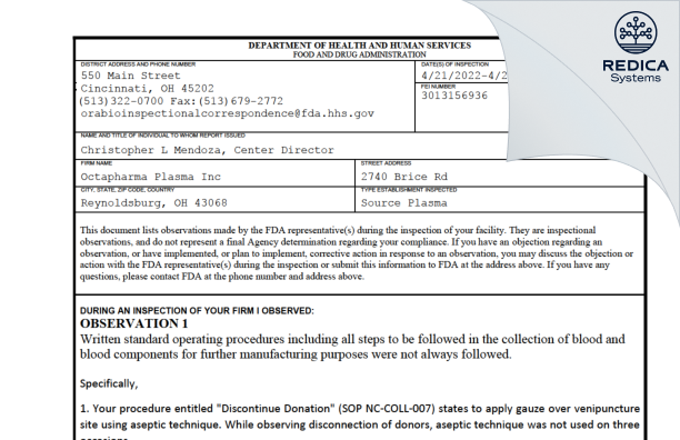 FDA 483 - Octapharma Plasma Inc [Reynoldsburg / United States of America] - Download PDF - Redica Systems