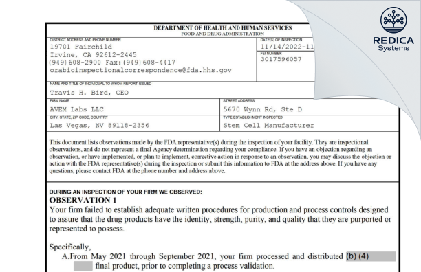 FDA 483 - AVEM Labs LLC [Las Vegas / United States of America] - Download PDF - Redica Systems