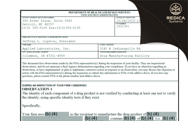 FDA 483 - Applied Laboratories, Inc. [Columbus / United States of America] - Download PDF - Redica Systems