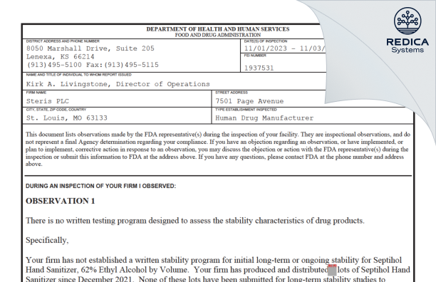 FDA 483 - STERIS Corporation [St. Louis / United States of America] - Download PDF - Redica Systems