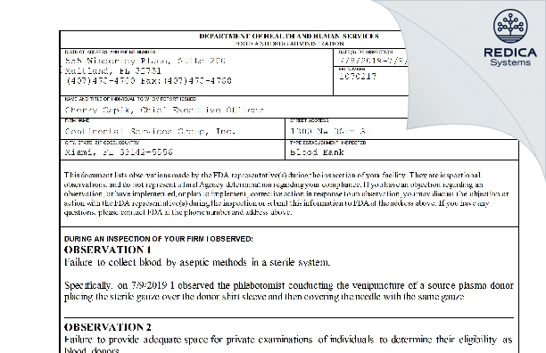 FDA 483 - Continental Services Group, Inc. [Miami / United States of America] - Download PDF - Redica Systems