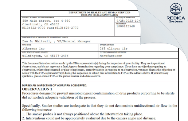 FDA 483 - Alkermes, Inc [Wilmington Ohio / United States of America] - Download PDF - Redica Systems