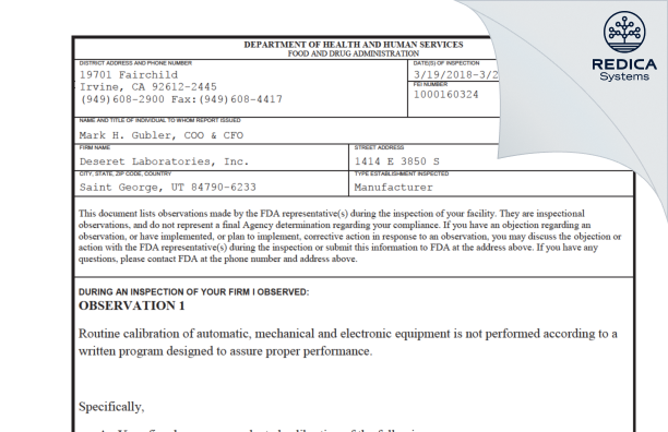 FDA 483 - Deseret Laboratories, Inc. [St. George / United States of America] - Download PDF - Redica Systems