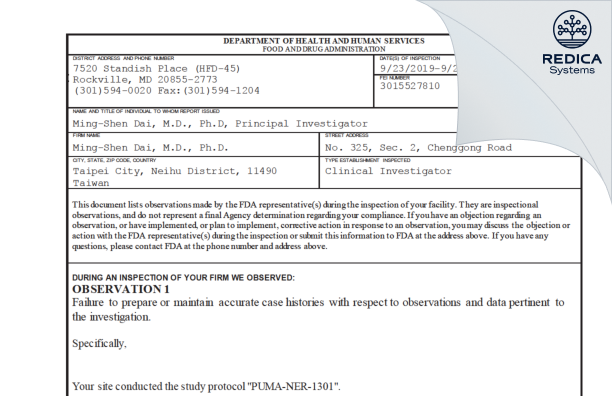 FDA 483 - Ming-Shen Dai, M.D., Ph.D. [Taipei City / Taiwan] - Download PDF - Redica Systems