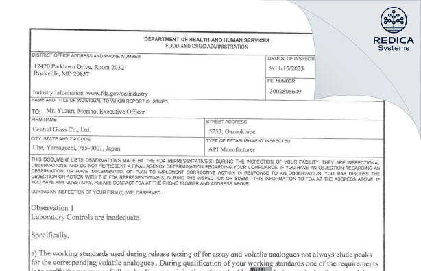 FDA 483 - Central Glass CO., LTD. [Ube / Japan] - Download PDF - Redica Systems