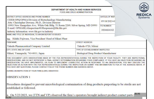FDA 483 - Takeda Pharmaceutical Company Limited [Hikari / Japan] - Download PDF - Redica Systems
