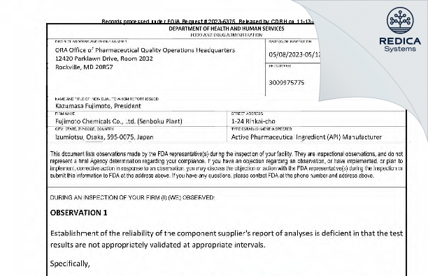 FDA 483 - FUJIMOTO CHEMICALS CO., LTD. [Izumiotsu / Japan] - Download PDF - Redica Systems