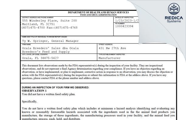 FDA 483 - Ocala Breeders' Sales [Ocala / United States of America] - Download PDF - Redica Systems