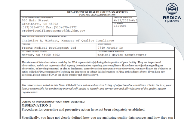 FDA 483 - Frantz Medical Development Ltd. [Ohio / United States of America] - Download PDF - Redica Systems