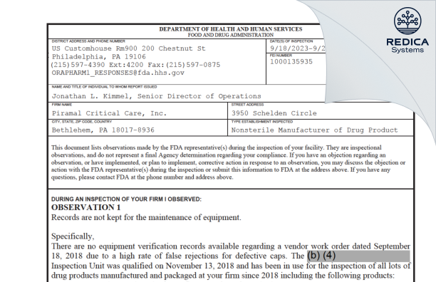 FDA 483 - Piramal Critical Care Inc [Bethlehem / United States of America] - Download PDF - Redica Systems