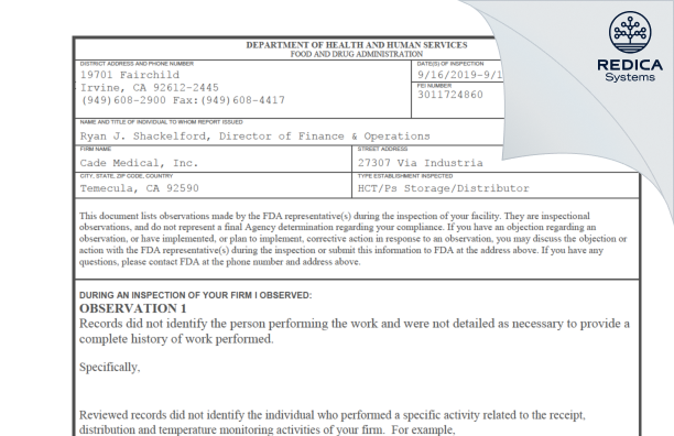 FDA 483 - Cade Medical, Inc. [Temecula / United States of America] - Download PDF - Redica Systems