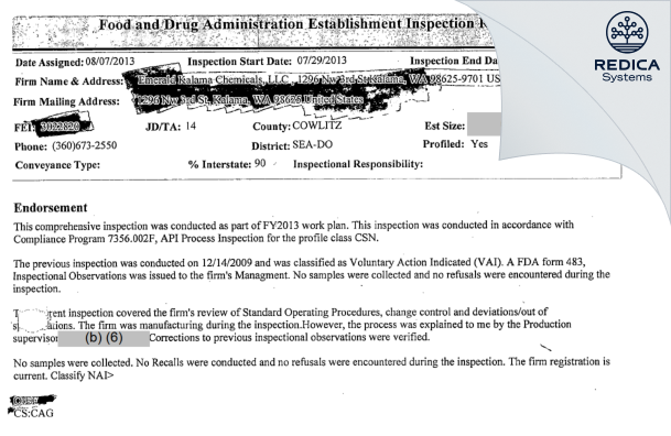 EIR - Emerald Kalama Chemical, LLC [Kalama / United States of America] - Download PDF - Redica Systems