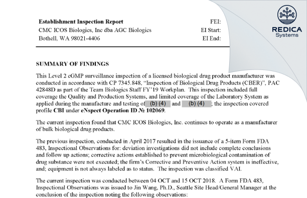 EIR - AGC Biologics, Inc. [Bothell / United States of America] - Download PDF - Redica Systems